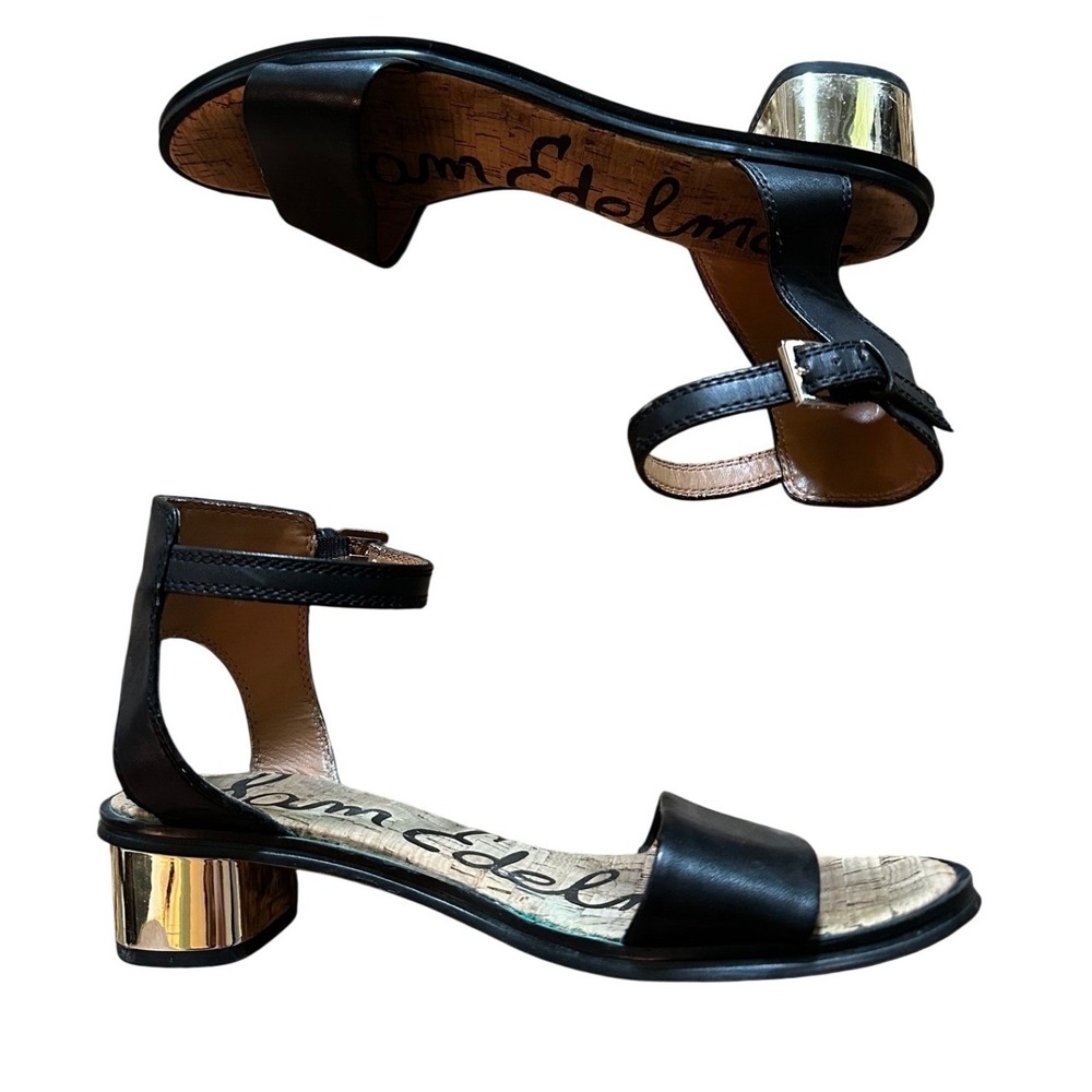 Sam Edelman Black Ankle Strap Gold Metallic Block Heel Teri Sandals Women's 9M